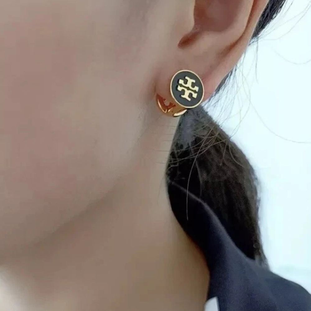 Tory Burch Authentic Crystals Reversible Double Sided Earrings Black And Gold